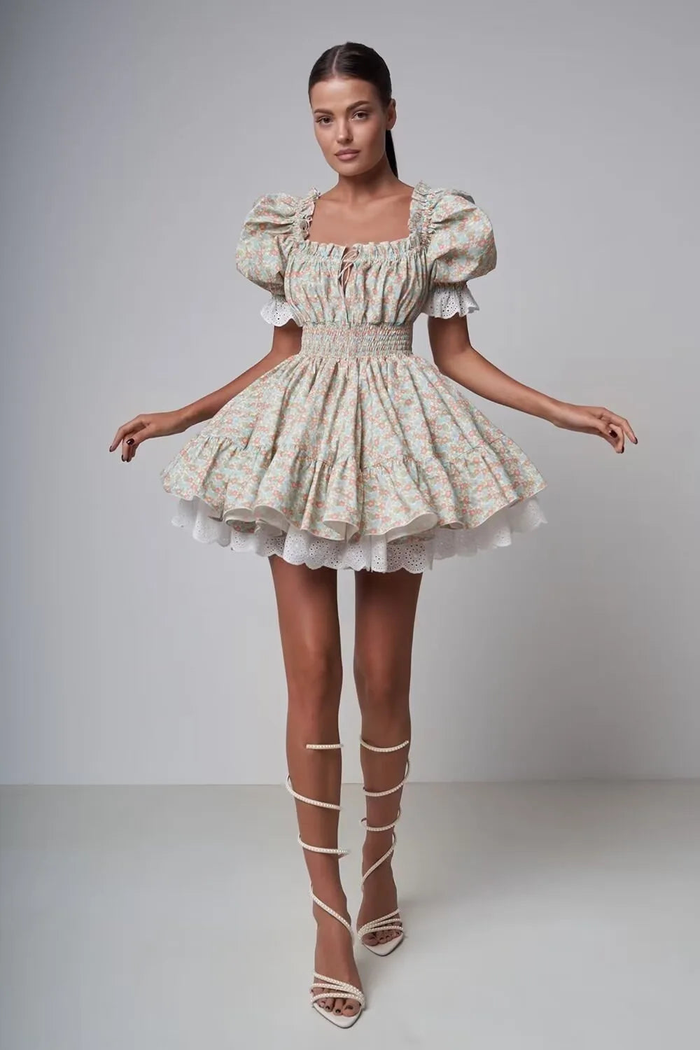 Vintage Puff Sleeve Mini Lace Dress Women Floral Printed Off Shoulder Ruffles Summer Dresses Party Elegant Square Neck Vestidos
