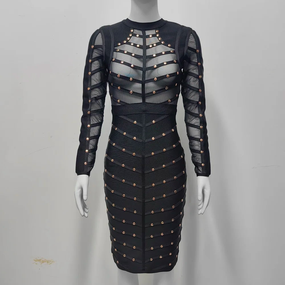 BEAUKEY Sexy Black Khaki Rivet Bandage Dress 2022 For Women Mesh See Through Nail Beaded Long SLeeve Bodycon Party Vestidos XL