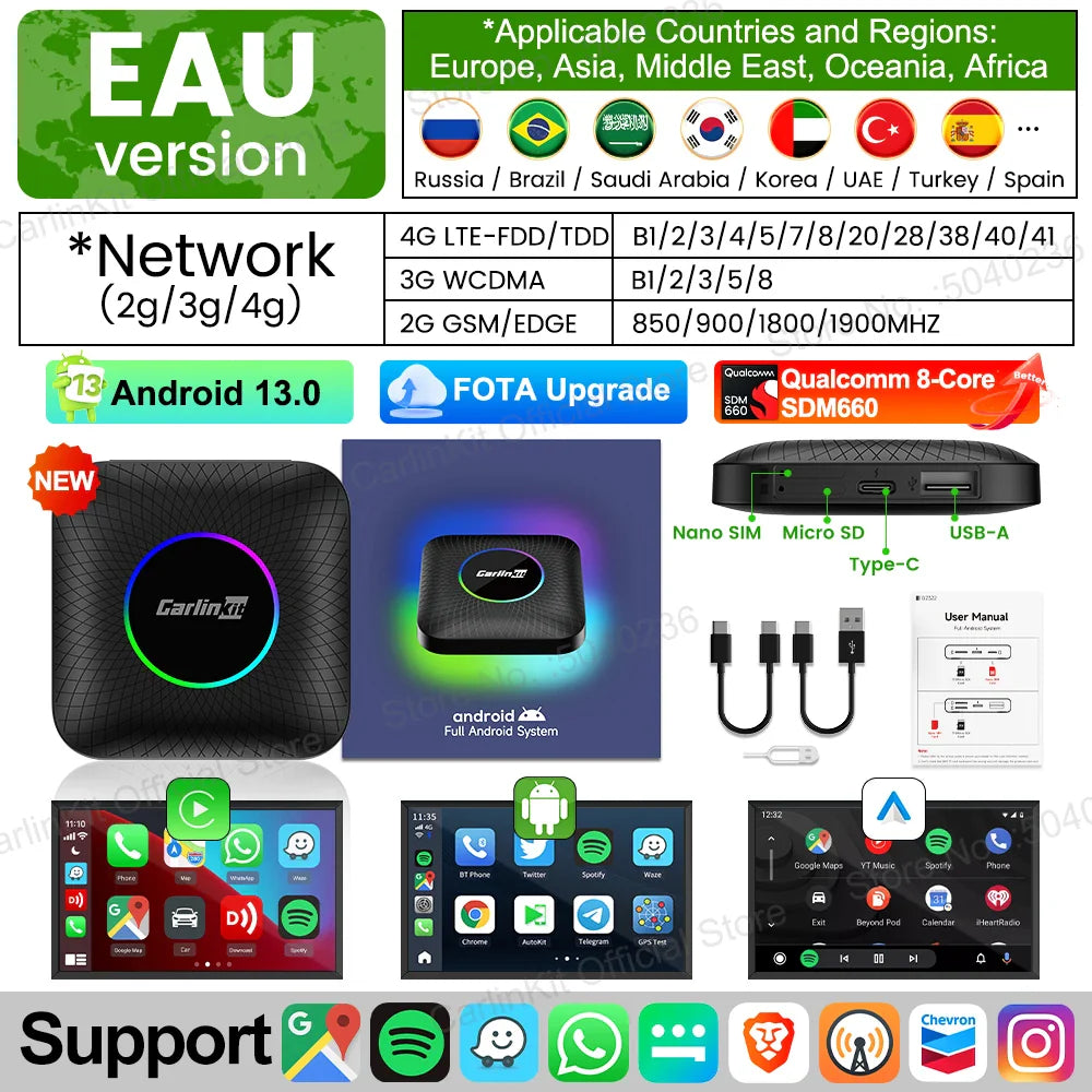2025 CarlinKit CarPlay AI Box Android 13.0 SM6225 QCM6125 Android Auto Wireless CarPlay Adapter 2.4+5GGPS 64G 128G FOTA Upgrade