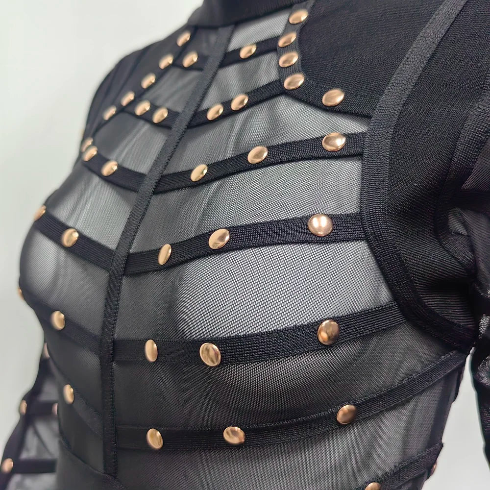BEAUKEY Sexy Black Khaki Rivet Bandage Dress 2022 For Women Mesh See Through Nail Beaded Long SLeeve Bodycon Party Vestidos XL
