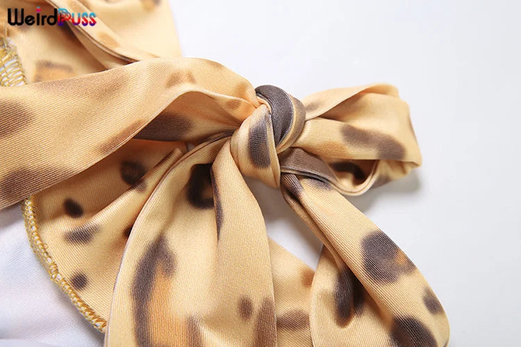 Weird Puss Leopard Print Dress Women Hollow Plait Summer Halter Sexy Backless Irregular Patchwork Hem Slim Vintage Prom Bodycon