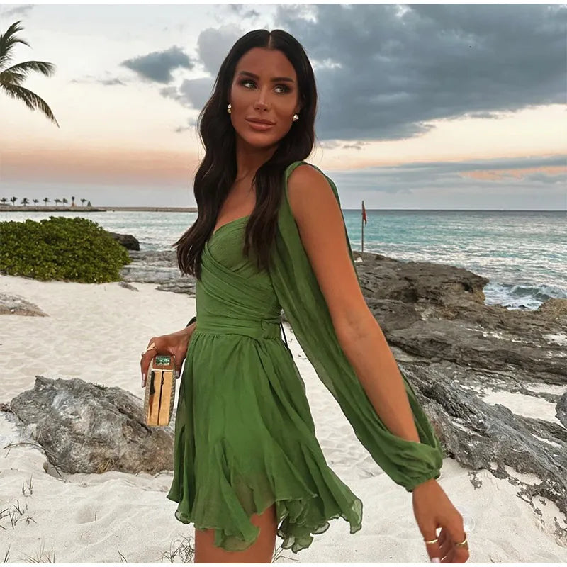 Elegant Green Ruffles Mini Dress For Women Fashion Long Flare Sleeves Round Neck Casual Short Vestidos 2025 Summer Holiday Robes