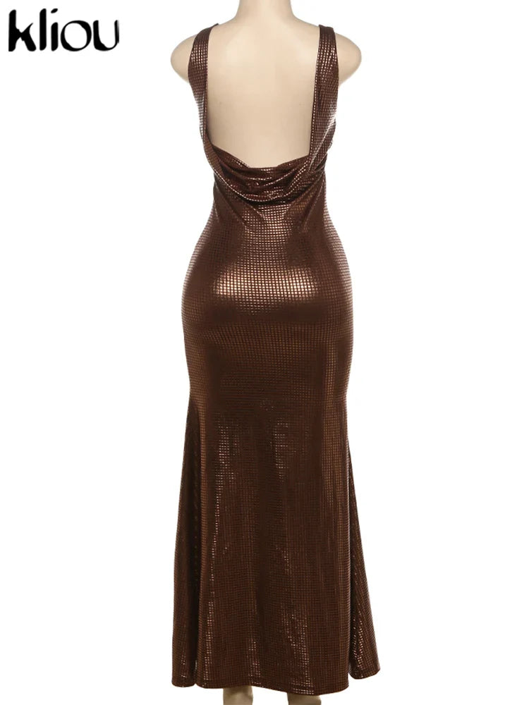 kliou Elegant Sequins Women Dress Vintage Stunning Backless Suspendency Body-shaping Long Robe Lady Evening Wear Luxury Vestidos