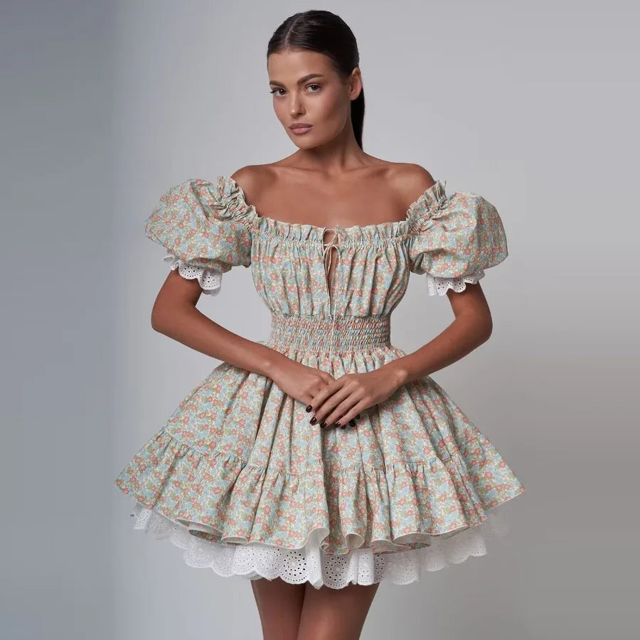 Vintage Puff Sleeve Mini Lace Dress Women Floral Printed Off Shoulder Ruffles Summer Dresses Party Elegant Square Neck Vestidos