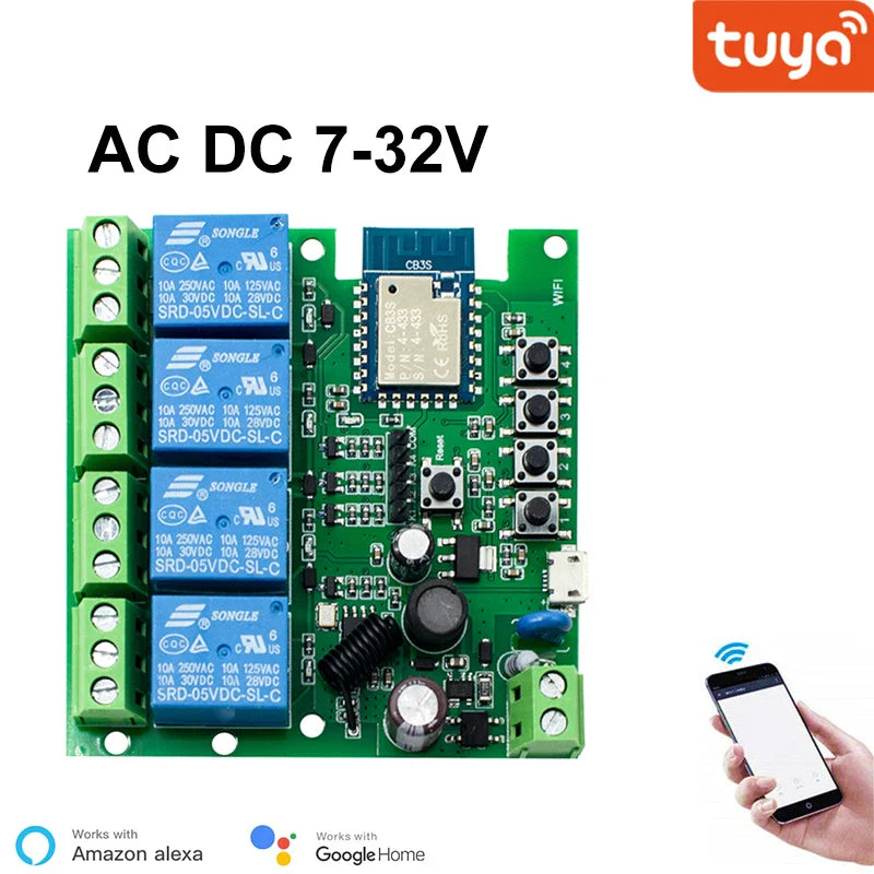 4CH Tuya Wifi Relay Smart Wireless Switch Module 4 Channel 7-32V 85-250V 220V 110V 2200W RF433 10A 4 Way Receiver For Alexa