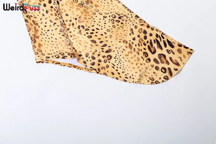 Weird Puss Leopard Print Dress Women Hollow Plait Summer Halter Sexy Backless Irregular Patchwork Hem Slim Vintage Prom Bodycon