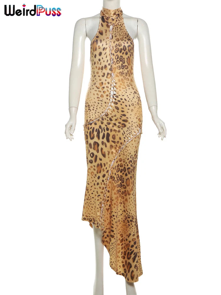 Weird Puss Leopard Print Dress Women Hollow Plait Summer Halter Sexy Backless Irregular Patchwork Hem Slim Vintage Prom Bodycon
