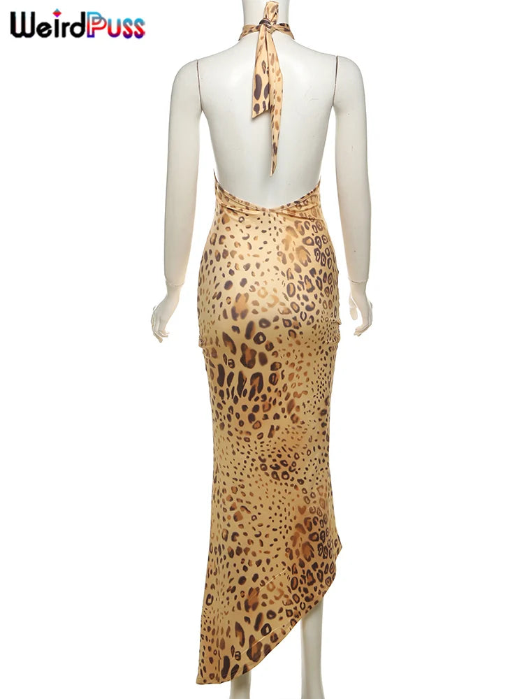 Weird Puss Leopard Print Dress Women Hollow Plait Summer Halter Sexy Backless Irregular Patchwork Hem Slim Vintage Prom Bodycon