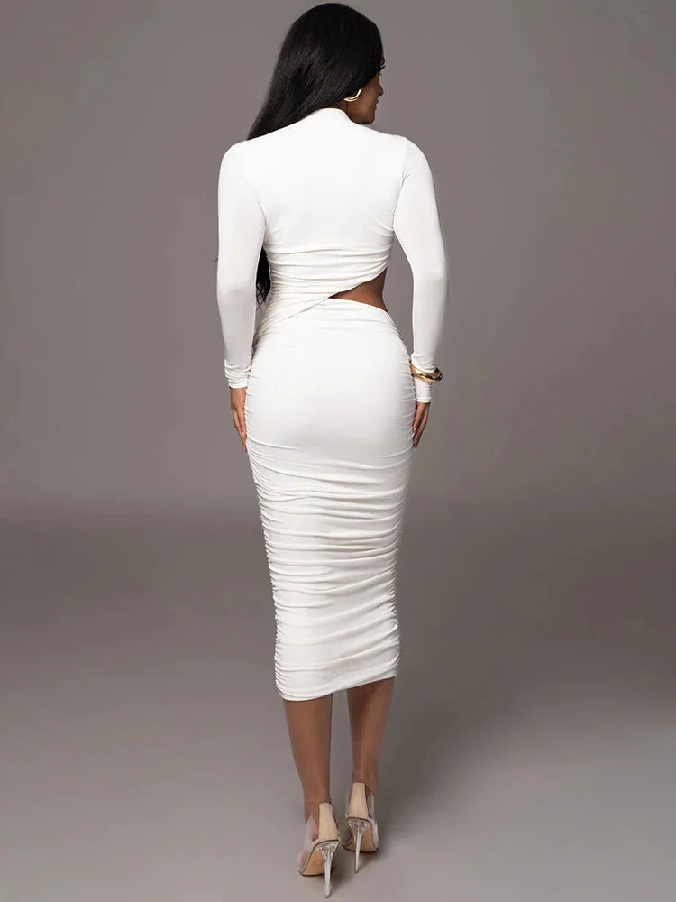 Ahagaga Fashion Sexy Club Hollow Out Dresses Women Regular Casual Solid O-neck Long Sleeve Slim Bodycon Elegant Vestidos Robes