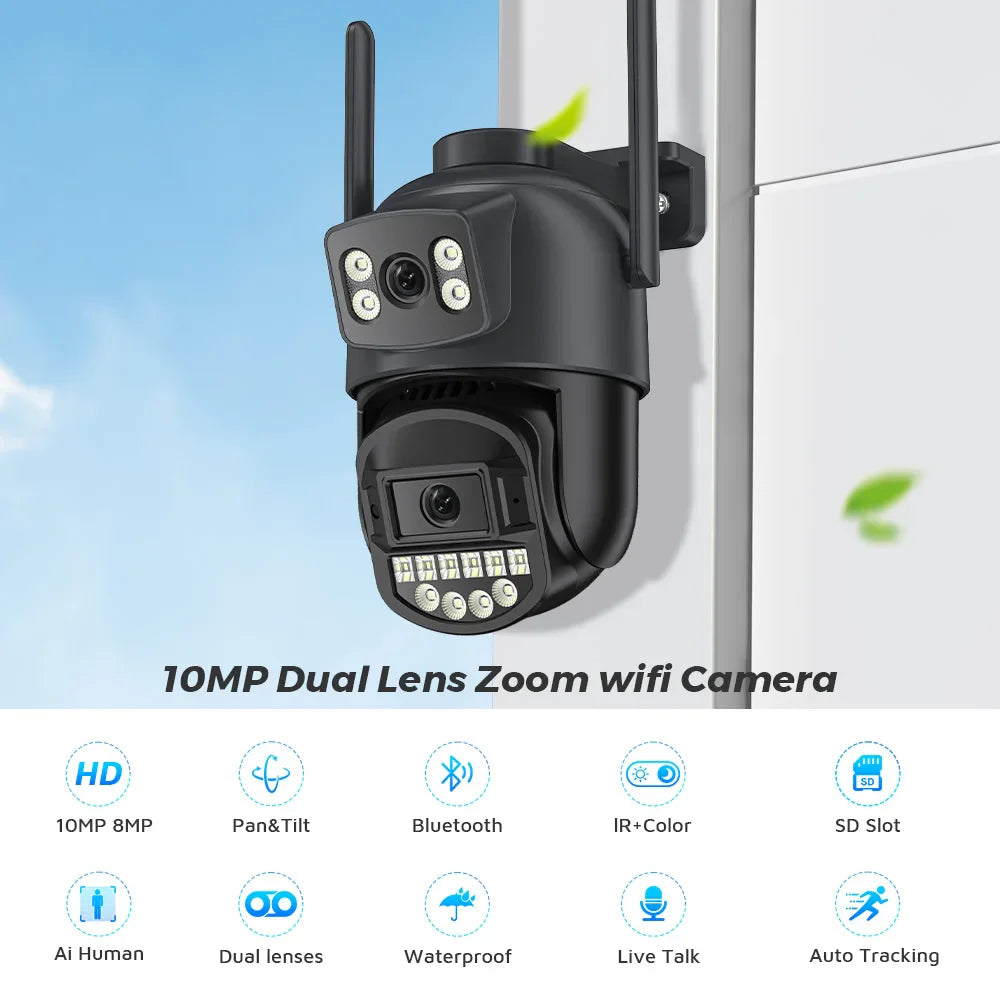 10MP 5K Dual Lens PTZ IP Camera with Dual Screen 8MP Ai Human Detection Auto Tracking Wireless Outdoor Surveillance Camera O-KAM