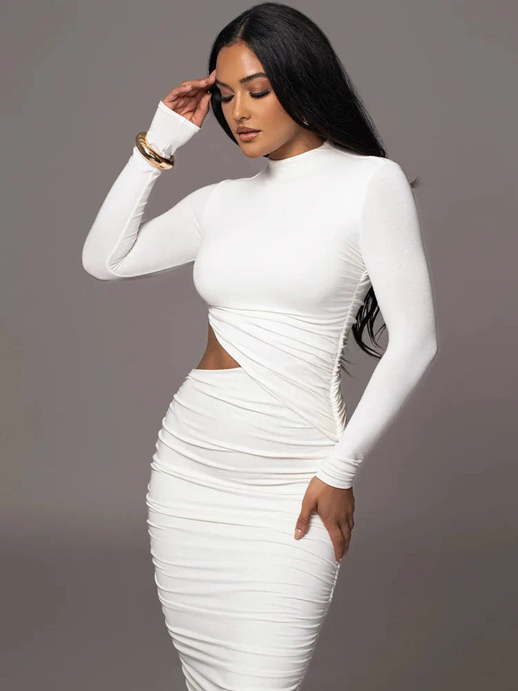 Ahagaga Fashion Sexy Club Hollow Out Dresses Women Regular Casual Solid O-neck Long Sleeve Slim Bodycon Elegant Vestidos Robes