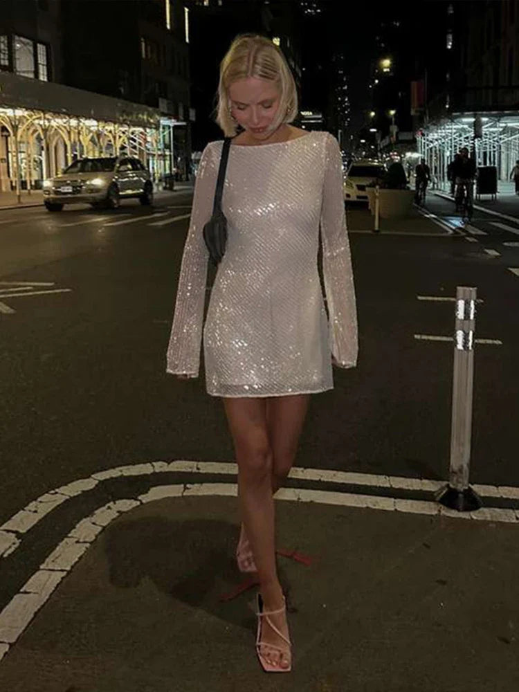 Women's Sparkling Backless Long Sleeved Dress Silver White Sexy Gauze Short Dresses Shiny Lining Elegant Summer Autumn Lady Top