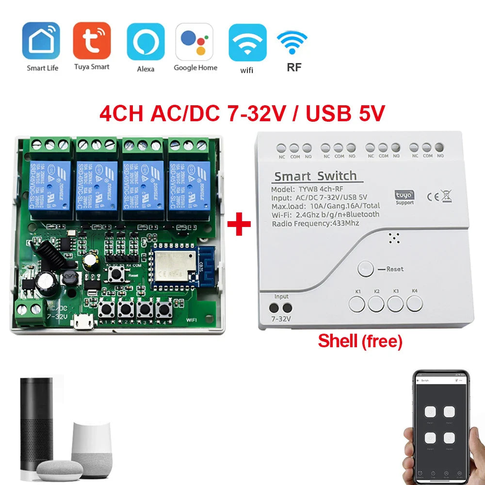 4CH Tuya Wifi Relay Smart Wireless Switch Module 4 Channel 7-32V 85-250V 220V 110V 2200W RF433 10A 4 Way Receiver For Alexa