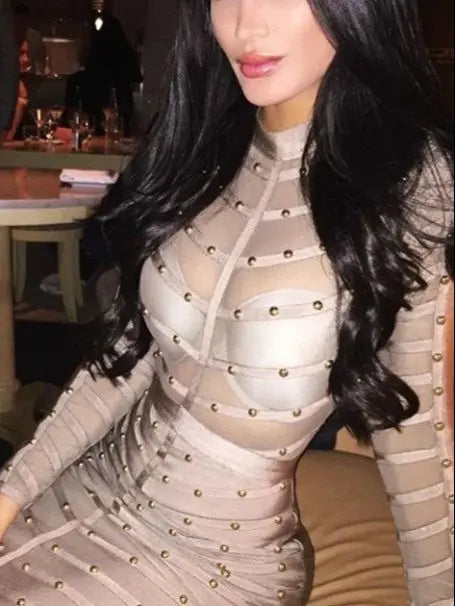 BEAUKEY Sexy Black Khaki Rivet Bandage Dress 2022 For Women Mesh See Through Nail Beaded Long SLeeve Bodycon Party Vestidos XL