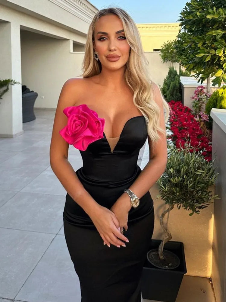 Celebrity Women Summer Sexy Strapless Backless Flower Patchwork Maxi Long Bandage Dress 2024 Elegant Evening Club Party Dress
