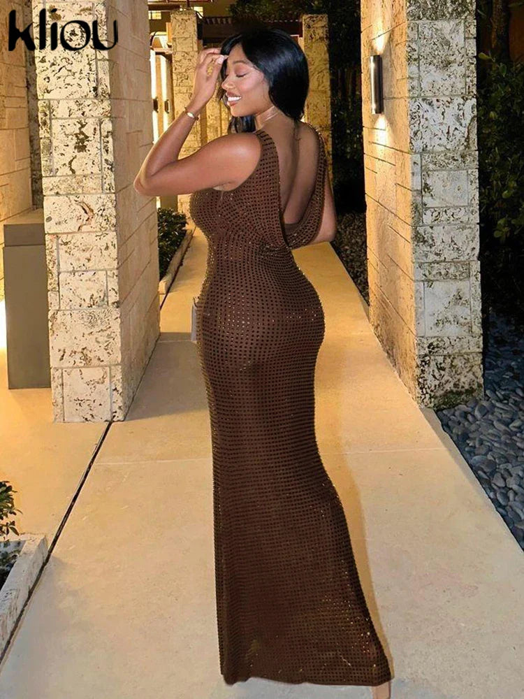 kliou Elegant Sequins Women Dress Vintage Stunning Backless Suspendency Body-shaping Long Robe Lady Evening Wear Luxury Vestidos