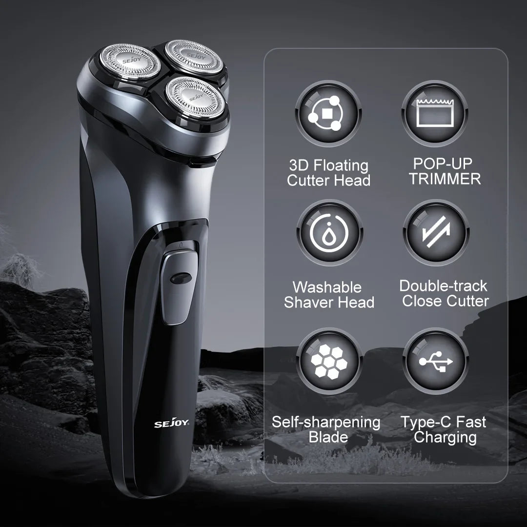 Sejoy Electric Rotary Shaver Razor for Men Type-C Rechargeable Shaving Beard Machine Intelligent Control Travel Lock 100% New