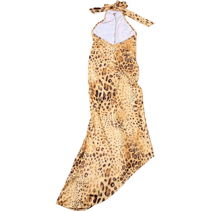 Weird Puss Leopard Print Dress Women Hollow Plait Summer Halter Sexy Backless Irregular Patchwork Hem Slim Vintage Prom Bodycon
