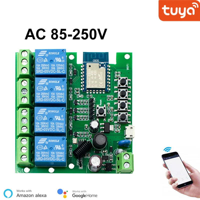 4CH Tuya Wifi Relay Smart Wireless Switch Module 4 Channel 7-32V 85-250V 220V 110V 2200W RF433 10A 4 Way Receiver For Alexa