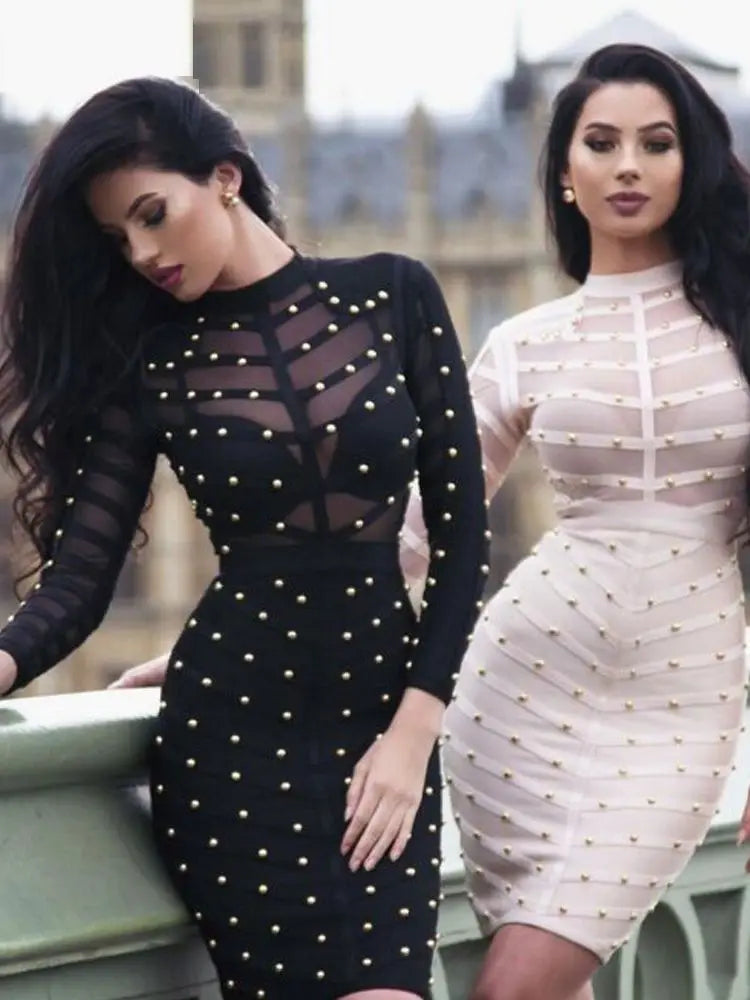 BEAUKEY Sexy Black Khaki Rivet Bandage Dress 2022 For Women Mesh See Through Nail Beaded Long SLeeve Bodycon Party Vestidos XL