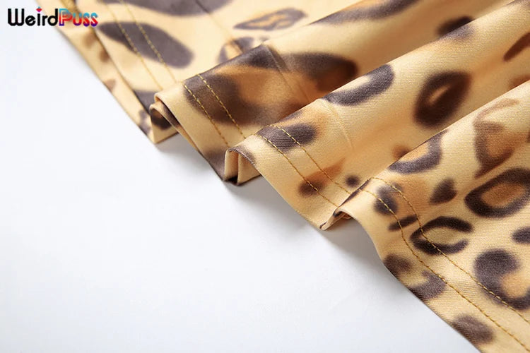 Weird Puss Leopard Print Dress Women Hollow Plait Summer Halter Sexy Backless Irregular Patchwork Hem Slim Vintage Prom Bodycon
