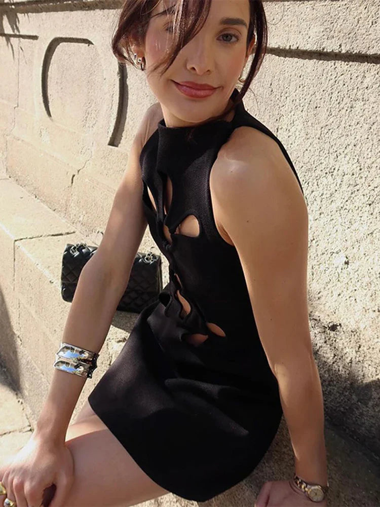 Hollow Out Sleeveless Dress Women Sexy Temperament Waist Cinching Slimming Elastic Summer Round Neck Hip Hugging Short Dress