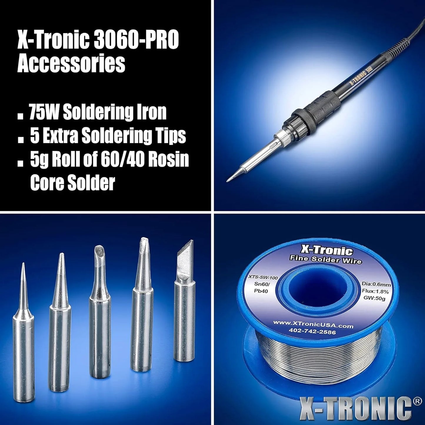 3060-PRO • 75W Soldering Iron Station Kit • 5 Extra Tips • Mini Mag Lamp • 4 Helping Hands • Solder Sucker Tweezers • 50g Solder