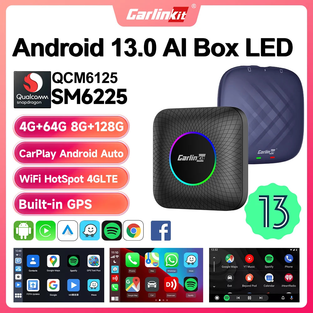 2025 CarlinKit CarPlay AI Box Android 13.0 SM6225 QCM6125 Android Auto Wireless CarPlay Adapter 2.4+5GGPS 64G 128G FOTA Upgrade
