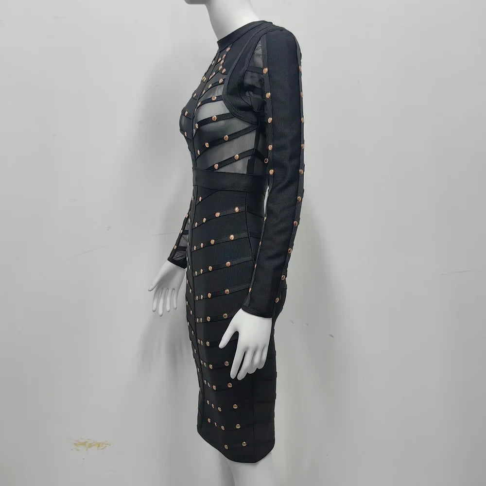 BEAUKEY Sexy Black Khaki Rivet Bandage Dress 2022 For Women Mesh See Through Nail Beaded Long SLeeve Bodycon Party Vestidos XL