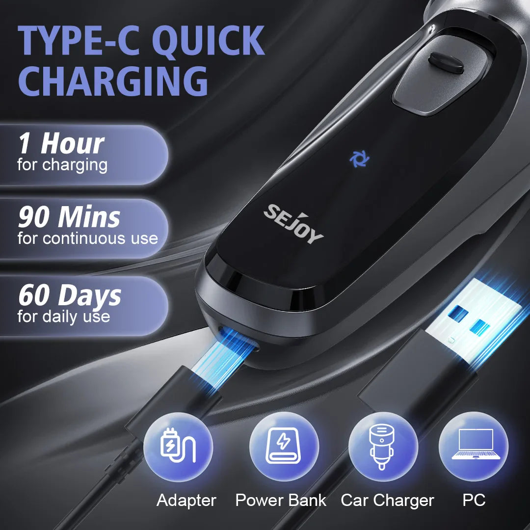 Sejoy Electric Rotary Shaver Razor for Men Type-C Rechargeable Shaving Beard Machine Intelligent Control Travel Lock 100% New