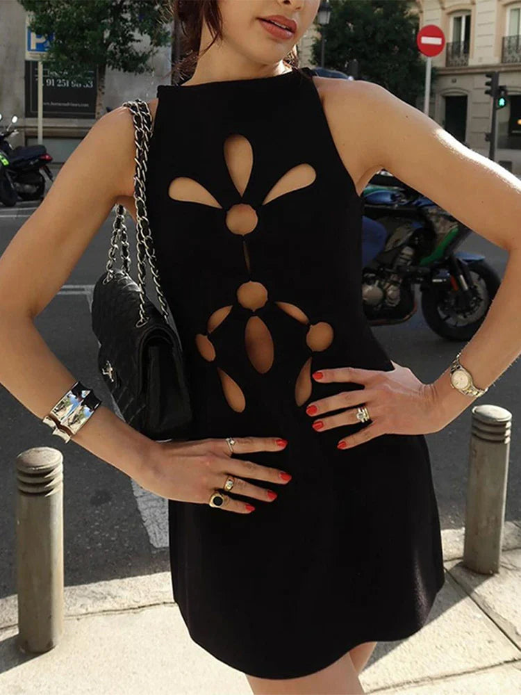Hollow Out Sleeveless Dress Women Sexy Temperament Waist Cinching Slimming Elastic Summer Round Neck Hip Hugging Short Dress