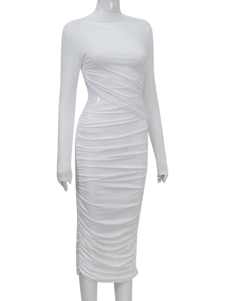 Ahagaga Fashion Sexy Club Hollow Out Dresses Women Regular Casual Solid O-neck Long Sleeve Slim Bodycon Elegant Vestidos Robes