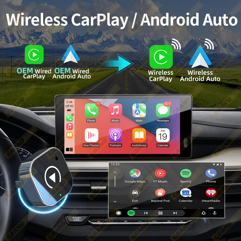 2in1 Wired to Wireless CarPlay Android Auto Adapter for OEM Car Stereo With USB Plug and Play Bluetooth