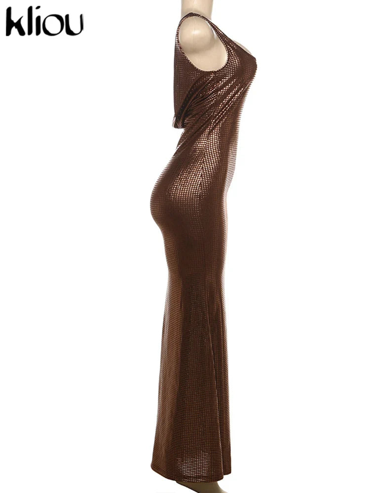 kliou Elegant Sequins Women Dress Vintage Stunning Backless Suspendency Body-shaping Long Robe Lady Evening Wear Luxury Vestidos