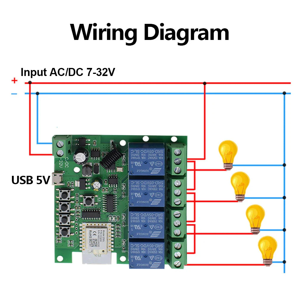 4CH Tuya Wifi Relay Smart Wireless Switch Module 4 Channel 7-32V 85-250V 220V 110V 2200W RF433 10A 4 Way Receiver For Alexa