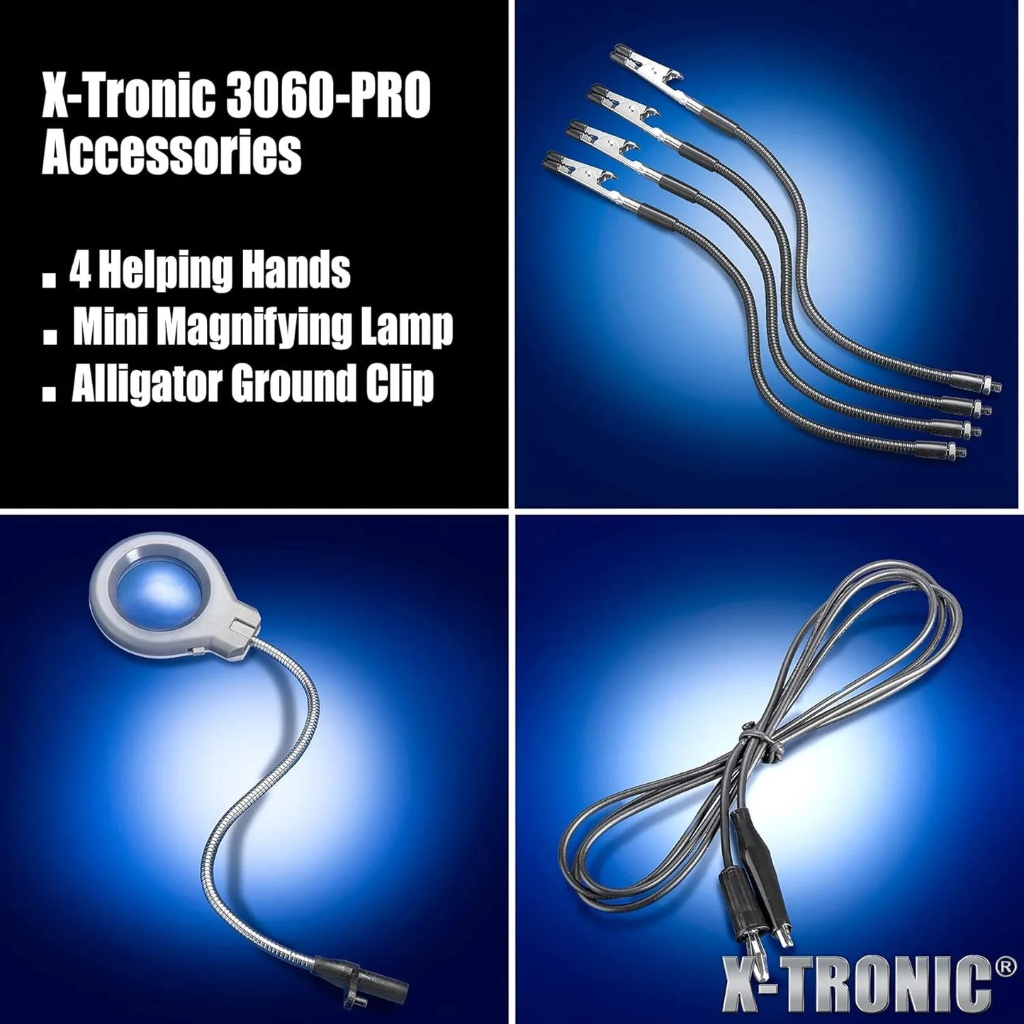 3060-PRO • 75W Soldering Iron Station Kit • 5 Extra Tips • Mini Mag Lamp • 4 Helping Hands • Solder Sucker Tweezers • 50g Solder