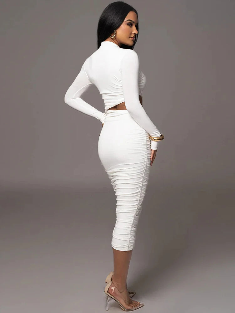 Ahagaga Fashion Sexy Club Hollow Out Dresses Women Regular Casual Solid O-neck Long Sleeve Slim Bodycon Elegant Vestidos Robes