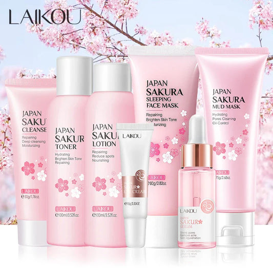 7pcs Facial Products Kit Sakura Skin Care Set Facial Cleanser Sleeping Mask Fade Dark Circles Eye Cream Korean Skincare Products
