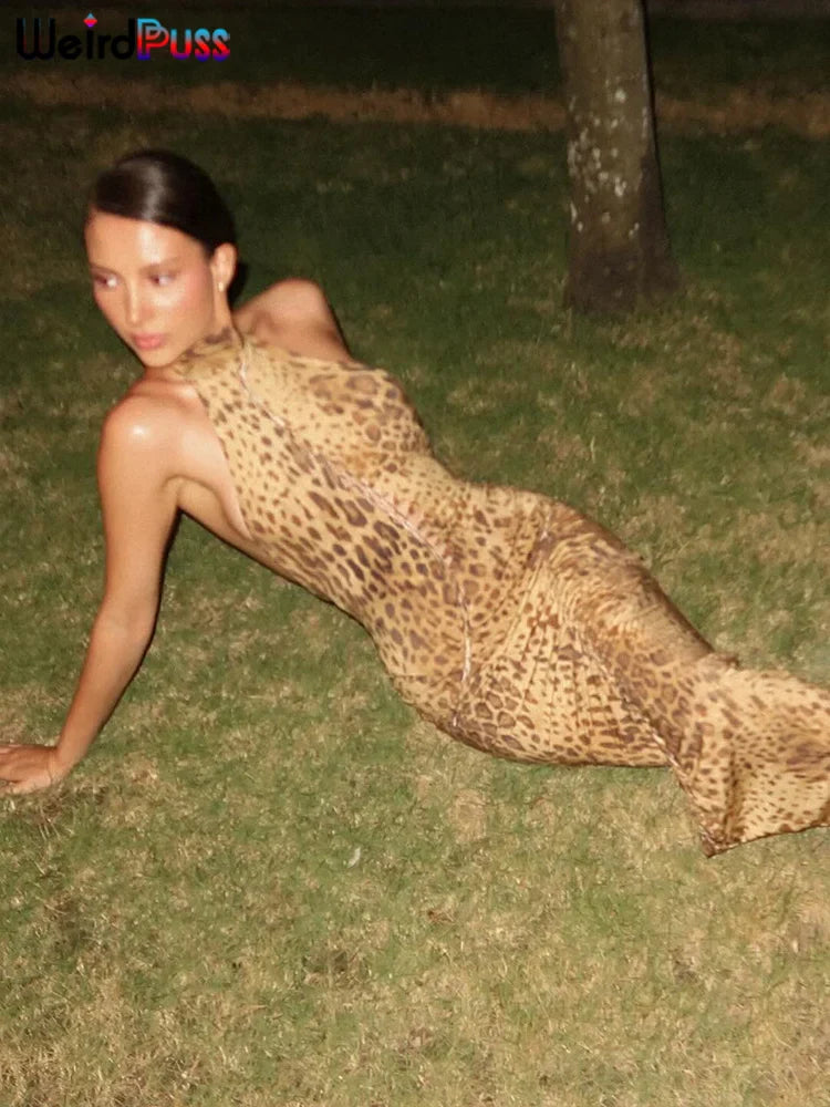 Weird Puss Leopard Print Dress Women Hollow Plait Summer Halter Sexy Backless Irregular Patchwork Hem Slim Vintage Prom Bodycon