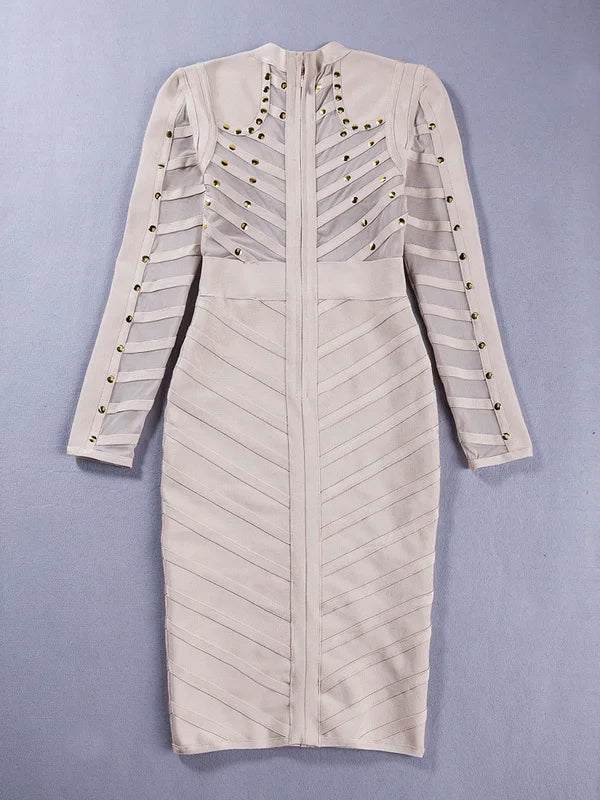 BEAUKEY Sexy Black Khaki Rivet Bandage Dress 2022 For Women Mesh See Through Nail Beaded Long SLeeve Bodycon Party Vestidos XL