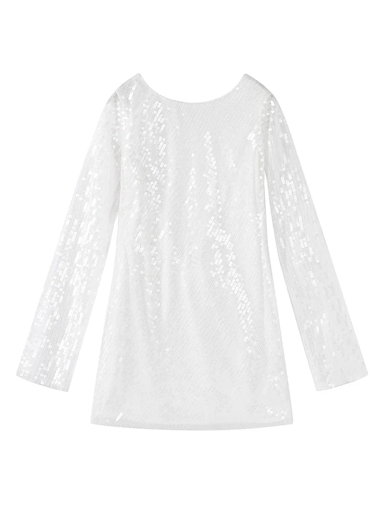 Women's Sparkling Backless Long Sleeved Dress Silver White Sexy Gauze Short Dresses Shiny Lining Elegant Summer Autumn Lady Top