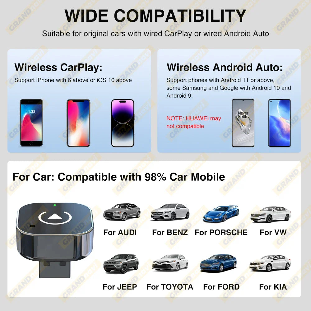 2in1 Wired to Wireless CarPlay Android Auto Adapter for OEM Car Stereo With USB Plug and Play Bluetooth