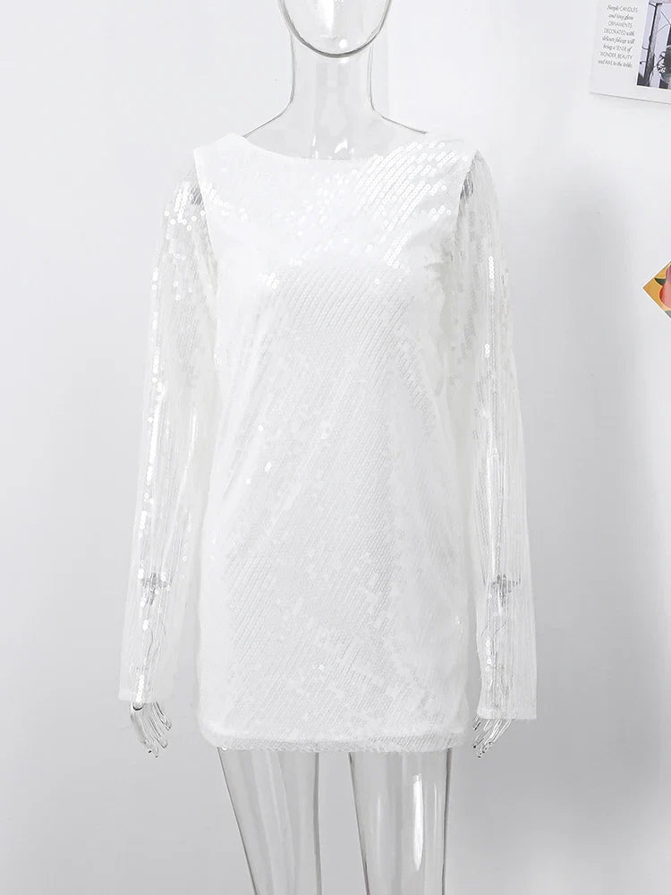 Women's Sparkling Backless Long Sleeved Dress Silver White Sexy Gauze Short Dresses Shiny Lining Elegant Summer Autumn Lady Top