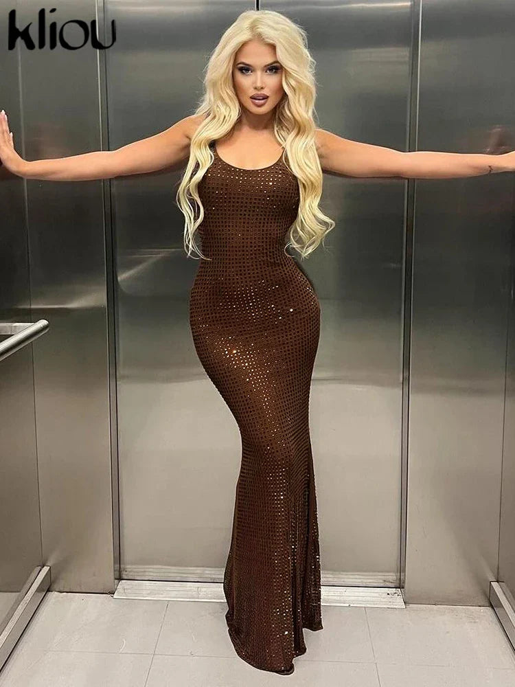kliou Elegant Sequins Women Dress Vintage Stunning Backless Suspendency Body-shaping Long Robe Lady Evening Wear Luxury Vestidos