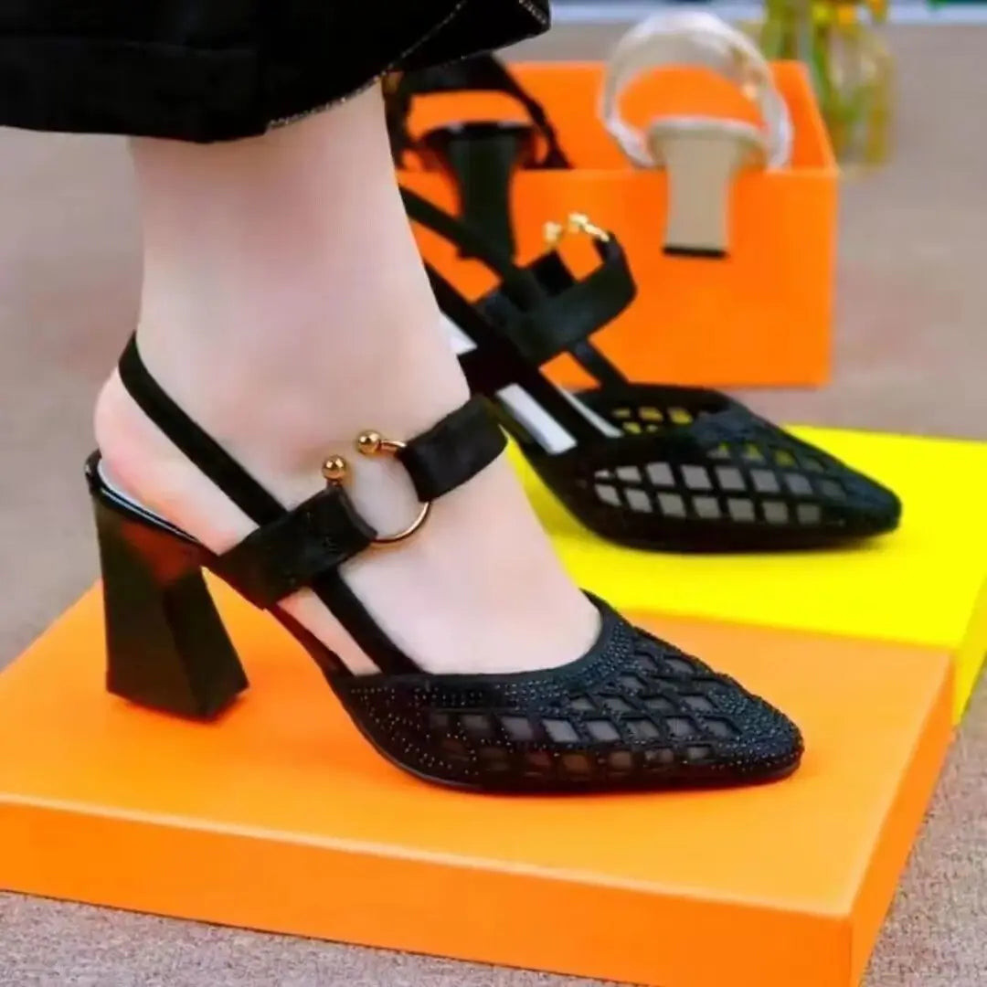 Women's Pointed Toe Heeled Sandals Summer Retro Breathable Hollow Chunky Heel Shoes for Women Closed Toe Ladies High Heel Sandal