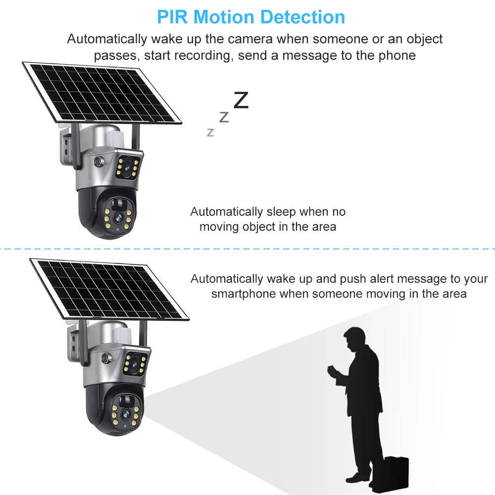 4G Sim Card Solar Camera Dual Lens Outdoor 8MP 4K Low Power Battery IP Camera PIR Night Vision V380 Pro CCTV Security Protection