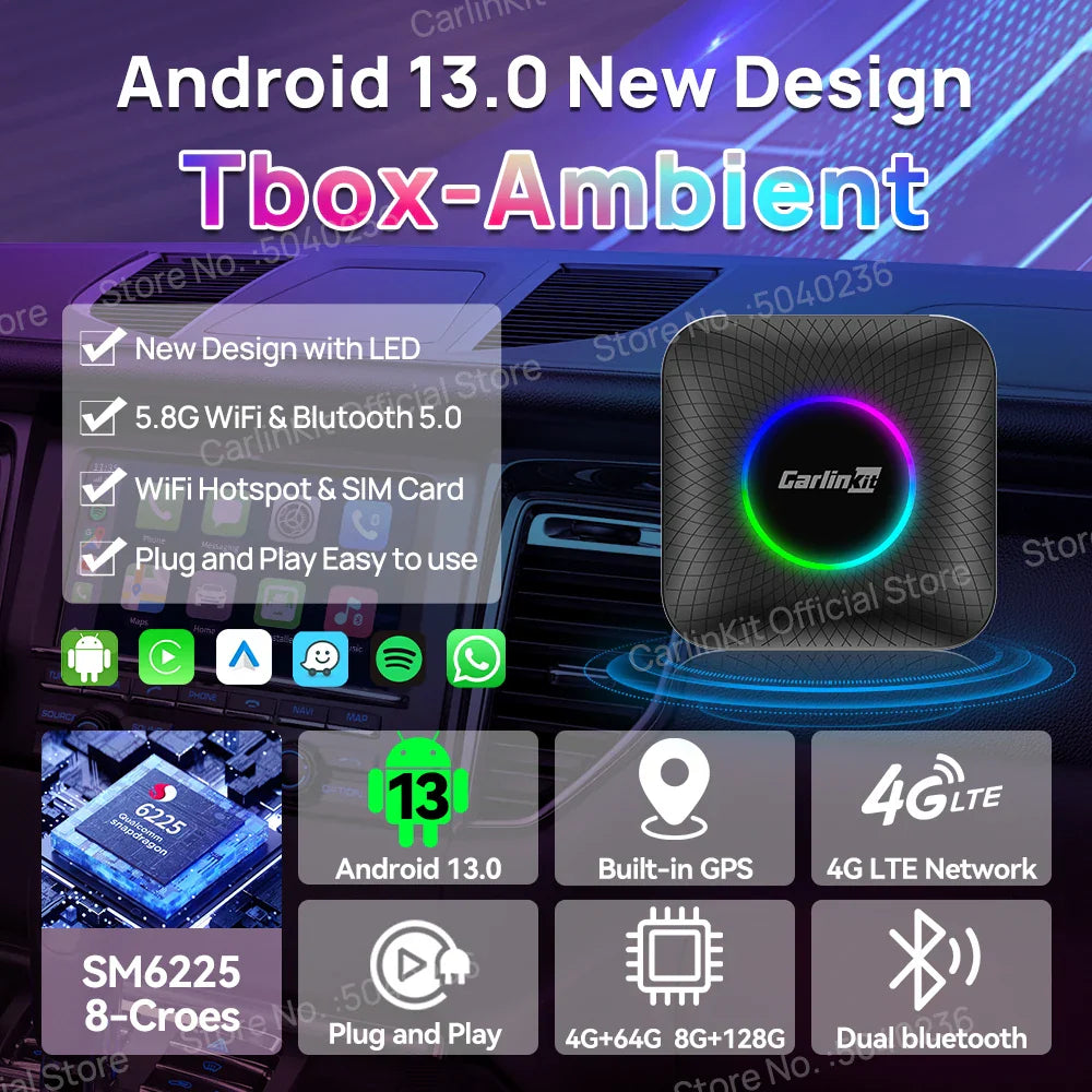 2025 CarlinKit CarPlay AI Box Android 13.0 SM6225 QCM6125 Android Auto Wireless CarPlay Adapter 2.4+5GGPS 64G 128G FOTA Upgrade