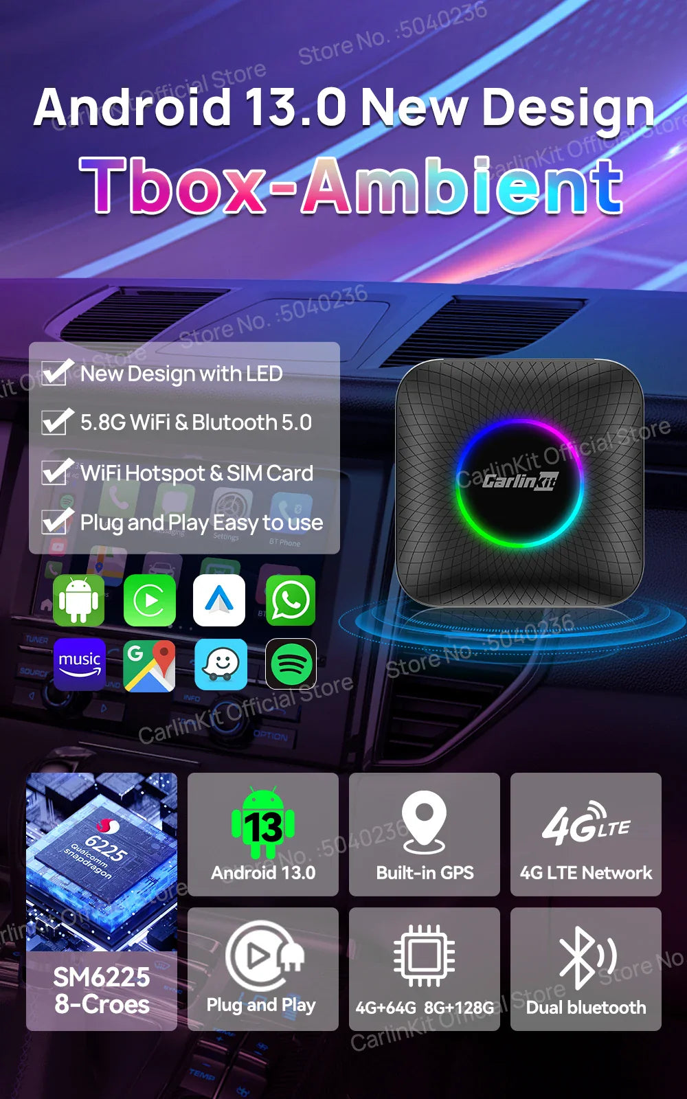 2025 CarlinKit CarPlay AI Box Android 13.0 SM6225 QCM6125 Android Auto Wireless CarPlay Adapter 2.4+5GGPS 64G 128G FOTA Upgrade