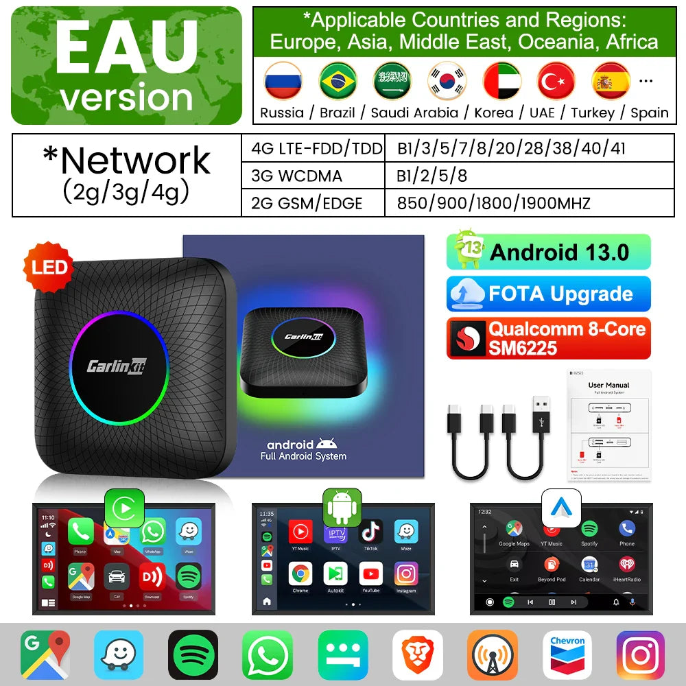 2025 CarlinKit CarPlay AI Box Android 13.0 SM6225 QCM6125 Android Auto Wireless CarPlay Adapter 2.4+5GGPS 64G 128G FOTA Upgrade