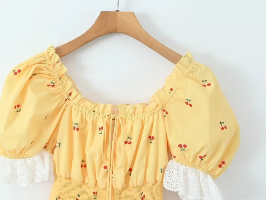 Vintage Puff Sleeve Mini Lace Dress Women Floral Printed Off Shoulder Ruffles Summer Dresses Party Elegant Square Neck Vestidos